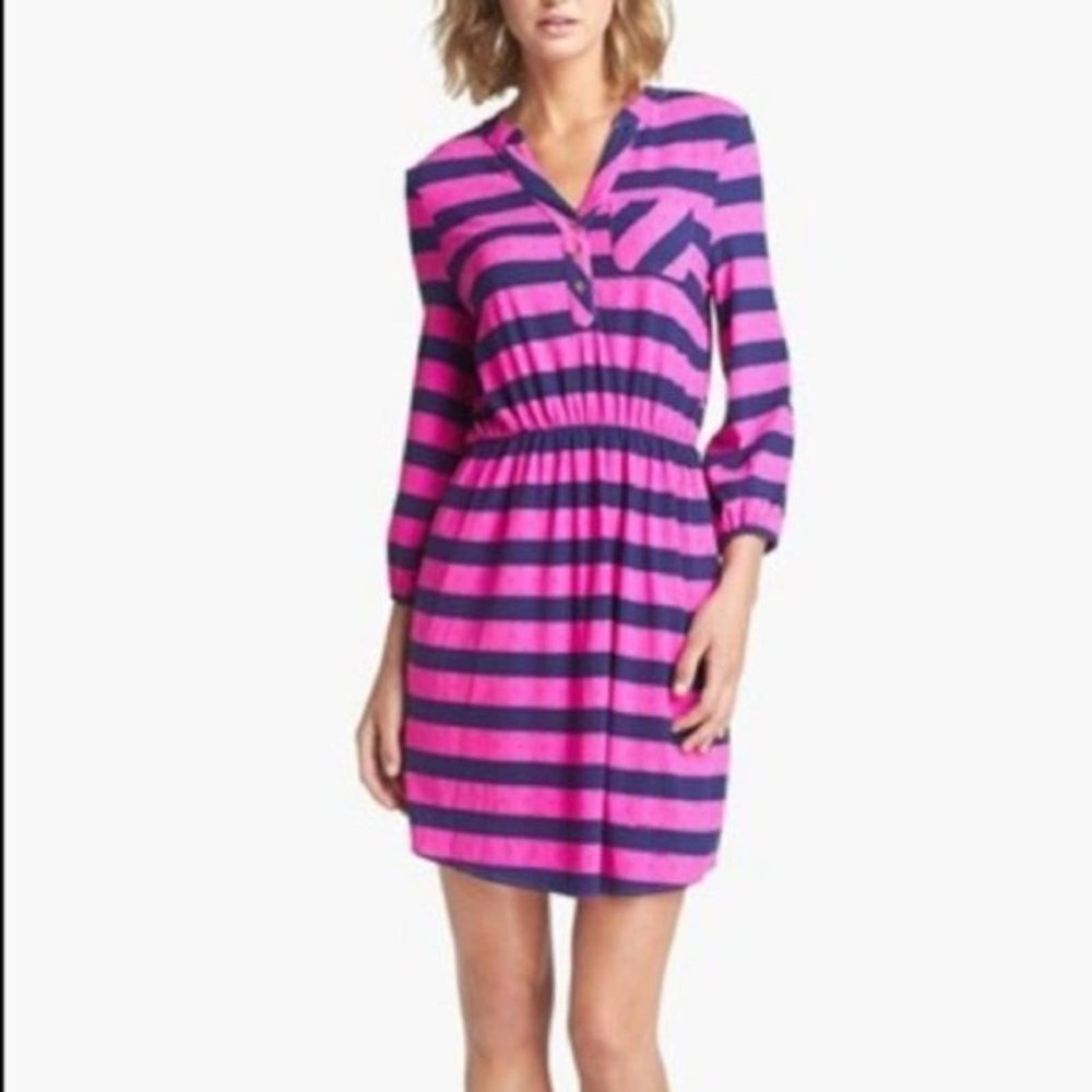 Lilly Pulitzer Beckett Stripe Balloon Sleeve Cinch Waist Dress Pink Blue Size XS